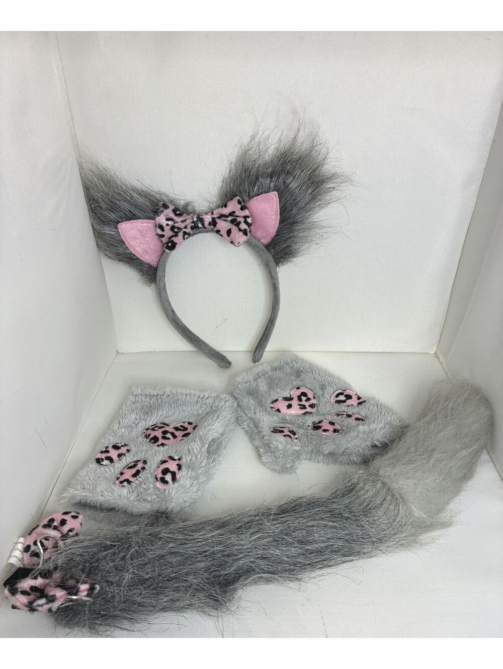 Gray Furry Cat Costume Set with Pink Leopard Print Bow and Paw Details